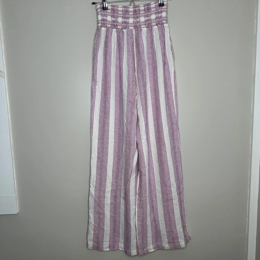 REWASH Women's Striped Smocked Waist Wide Leg High Rise Linen Blend Pants Size S